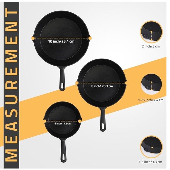 Utopia Kitchen PreSeasoned NonStick Cast Iron Skillet 3 Pc Set 6" 8” 10” Cabin - Picture 4 of 5